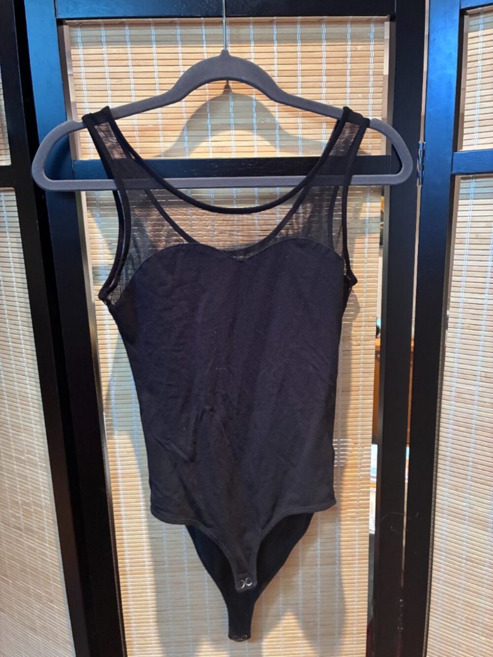 Black Mesh-Top Thong Bodysuit Size M